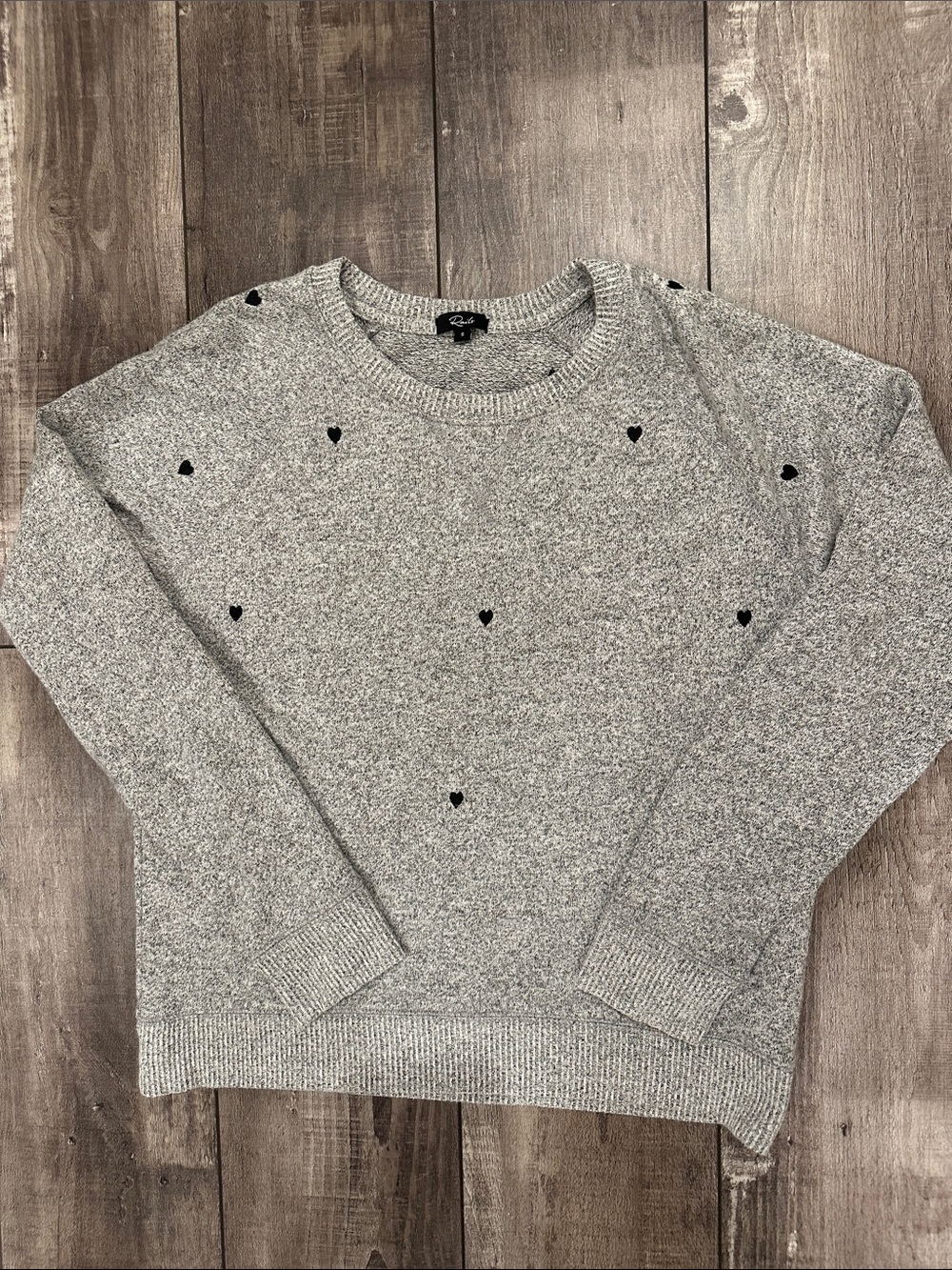 NWOT Rails Grey Knit Crewneck Sweater with Black Embroidered Heart Detail